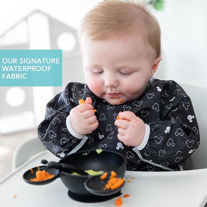 Bumkins Disney Bibs, Baby and Toddler Girls and Boys 6-24 Months, Long Sleeve, Essential Must Have for Eating, Feeding, Mess Saving Lightweight Waterproof Fabric Sleeved Smock, Mickey Mouse Icon