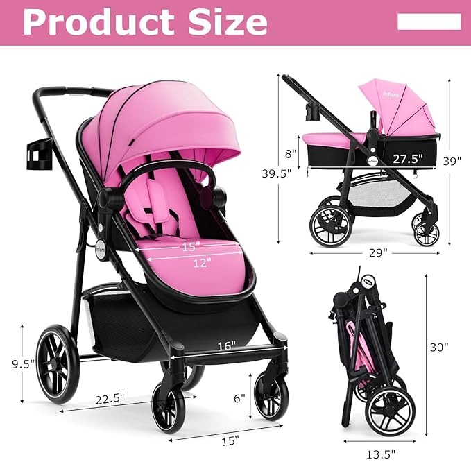 INFANS 2 in 1 Baby Stroller, High Landscape Infant Stroller & Reversible Bassinet Pram, Foldable Pushchair with Adjustable Canopy, Storage Basket, Cup Holder, Suspension Wheels (Pink)