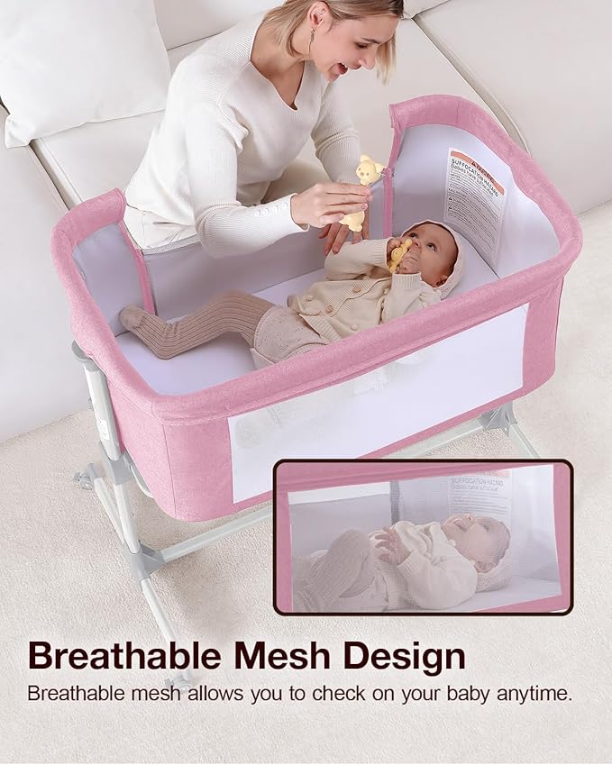 Larex Baby Bassinet, 3 in 1 Bassinets Bedside Sleeper for Newborn, Portable Crib Adjustable 7 Height Bedside Bassinet with Mattress and Wheels Pink