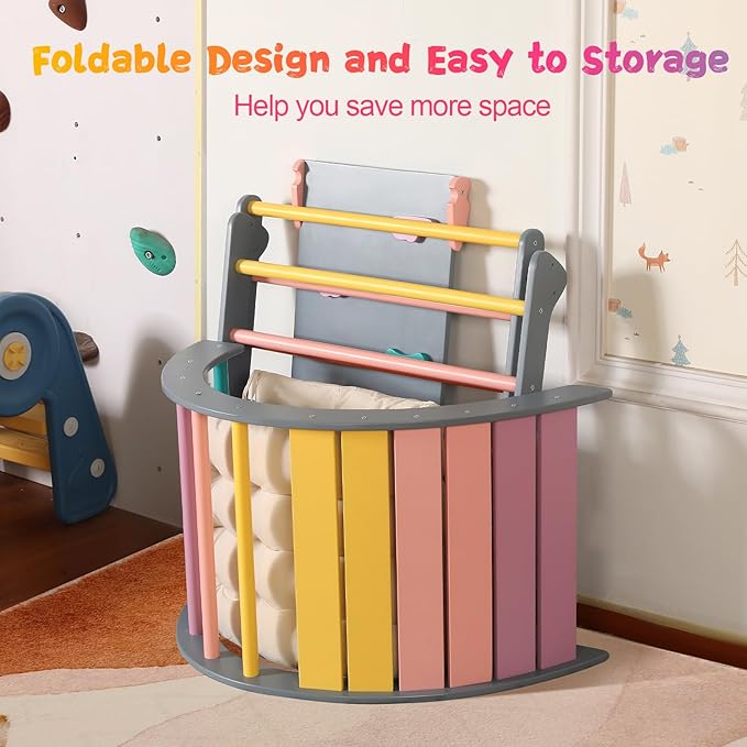 Pikler Triangle Set with Cushion Large, 5 in 1 Toddler Climbing Toys Indoor, Montessori Foldable Climbing Set for Kids, Wooden Playground Jungle Gym with Ramp, Arch and Ladder(Color-A)