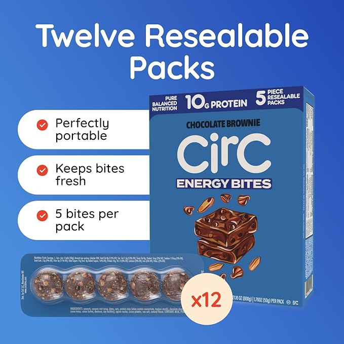 CirC Energy Bites - 12 Pack Chocolate Brownie Gluten Free Protein Balls - 10g Protein, Whole Grains, Nuts & Fruit - Portable Healthy Snacks for Adults & Kids, 5 Piece Resealable Packs