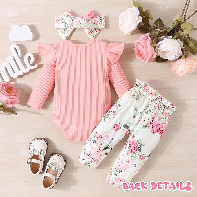 GDTOGRT Baby Girl Clothes Newborn Infant Outfits Ruffle Romper+ Floral Pants + Cute Headband Sets for Girls