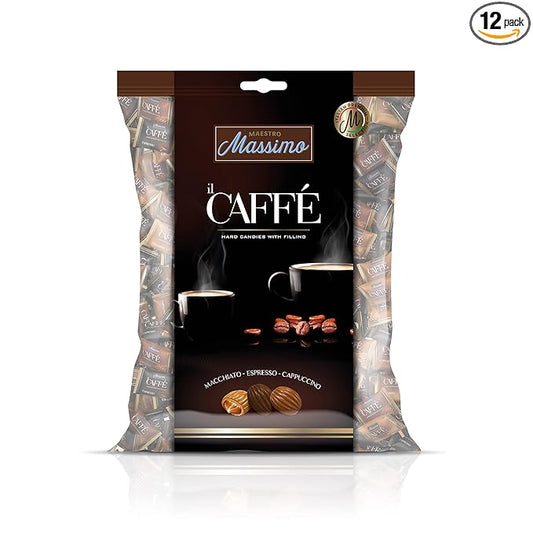 Maestro Massimo Center Filled Hard Pocket Coffee Candy, 3mg Caffeine per Candy, Individually Wrapped, Macchiato, Espresso, Cappuccino Flavored, 7.05 oz Bag - Variety Pack of 12