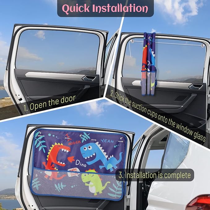 Car Window Shade for Baby, 2 Pack Car Sun Shades with Storage Net Pocket Auto Window Curtain 7 Suction Cups Blue Dinosaurs for Sun/Heat/UV Rays Protection Kids