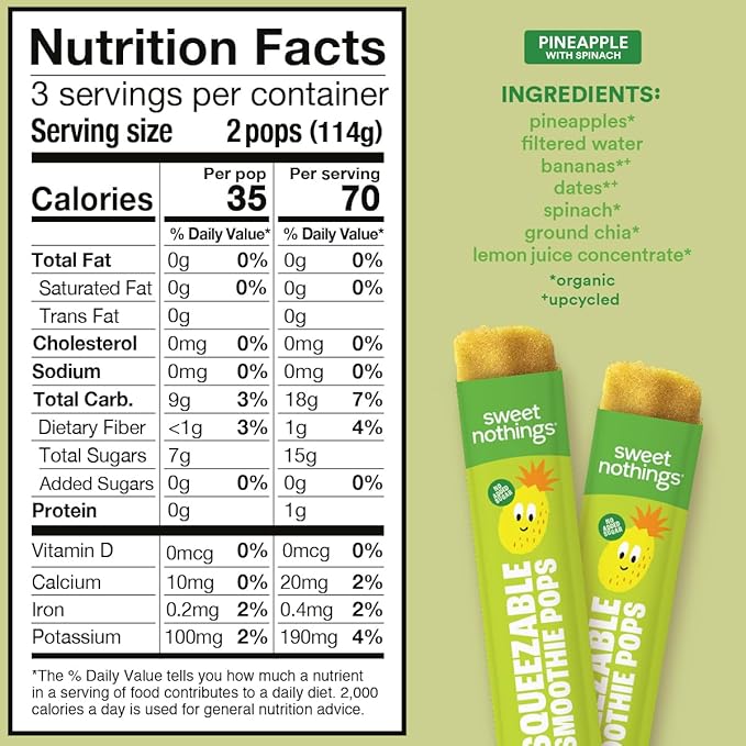 Sweet Nothings, Pineapple, USDA Organic Kids' Squeezable Fruit Smoothie Popsicle Pops, Value Pack of 24 - Dye-Free, No Added Sugar, Dairy-Free, Vegan, Organic Fruit and Veggie Pops, Freeze & Enjoy