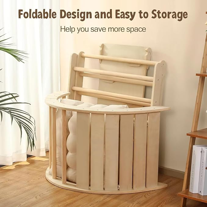 Pikler Triangle Set with Cushion Large, 5 in 1 Toddler Climbing Toys Indoor, Montessori Foldable Climbing Set for Kids, Wooden Playground Jungle Gym with Ramp, Arch and Ladder (Wooden Color)