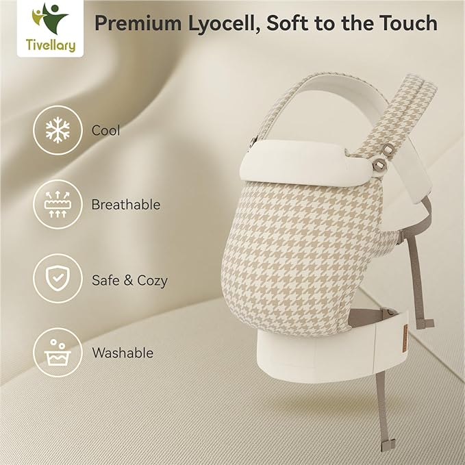 Reversible Baby Carrier, Khaki Solid & Houndstooth; Lightweight, Cooling & Breathable Lyocell Fabric; Ergonomic Lumbar Support and Quick Hands-Free Wear for Newborn to Toddler (7–44 lbs)