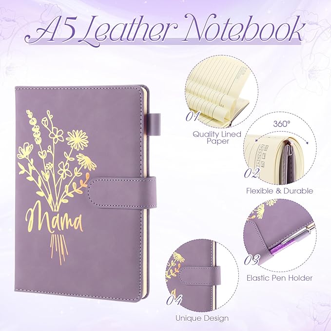LemonRoad 6 Pcs New Mom Gifts, Pregnancy Gift for Expecting Mom, Baby Shower Favor for New Mommy After Birth, Aesthetic Flower Tumbler Notebook Pen Sock Dried Flower Greeting Card for Mommy(Purple)