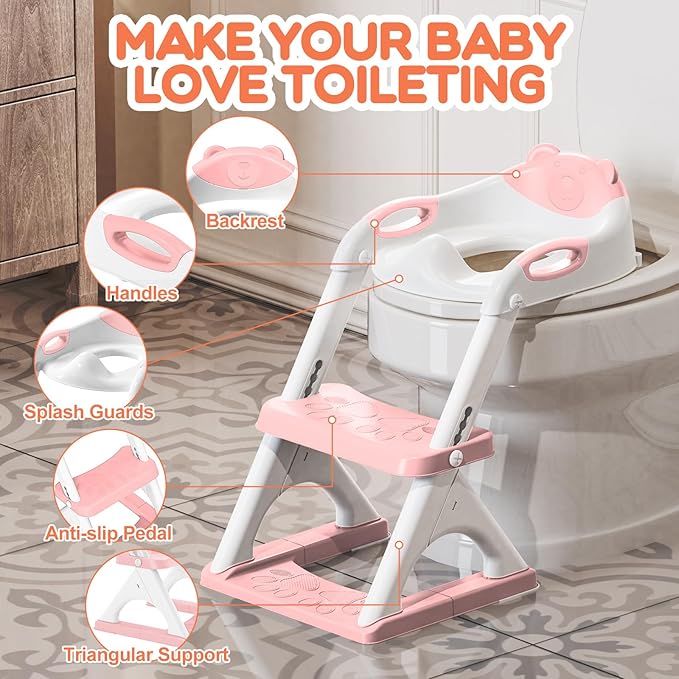 Potty Training Seat, SKYROKU Upgrade Toddler Toilet Seat for Kids Boys Girls, 2 in 1 Potty Training Toilet, Splash Guard Anti-Slip Pad Step Stool,New Sector-Shape Stabilized Base and heavier (Pink)