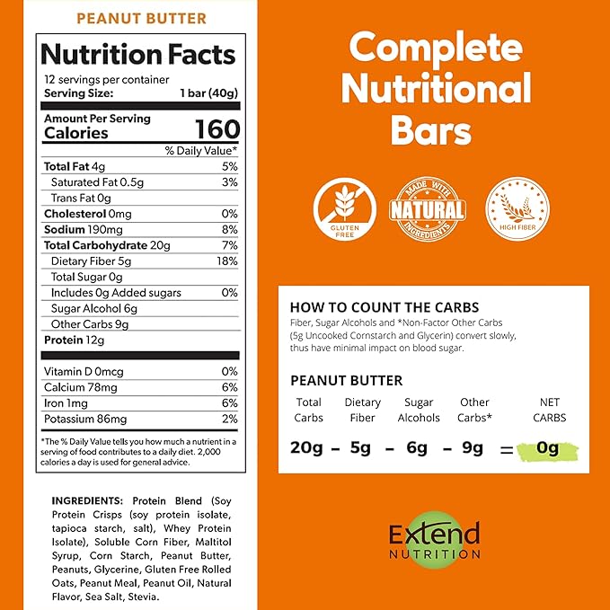 Extend Sugar Free Protein Bars, Perfect Diabetic Snacks, High Protein and Fiber, Hunger Control & Steady Energy, Low Carb, Keto Friendly (Peanut Butter)