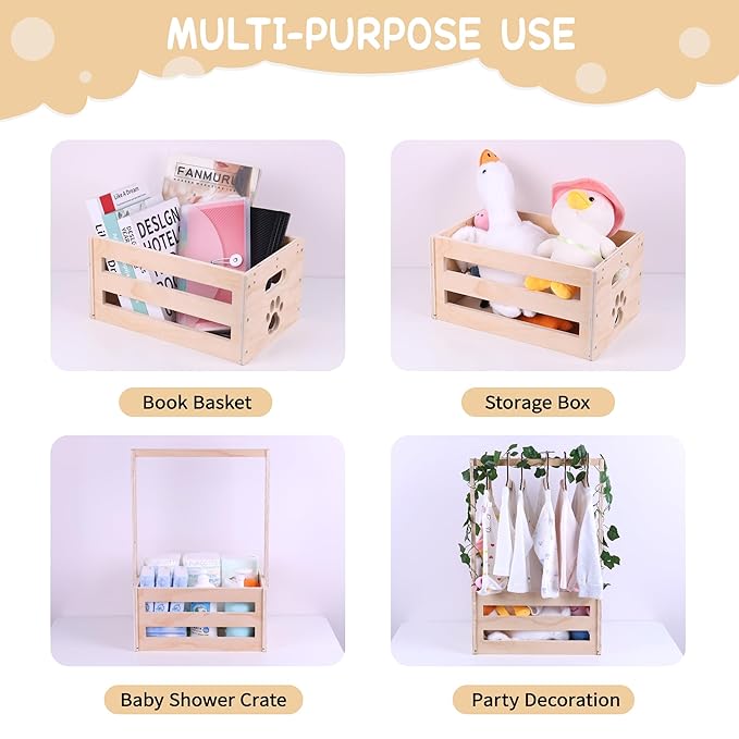 Wooden Baby Shower Crate Closet, Baby Basket with Handle Baby Storage Crate Hamper, Baby Welcome Gifts with 6 Pieces Teddy Bear Wooden Hangers, Baby Personailzed Basket for Pregnancy New Parent
