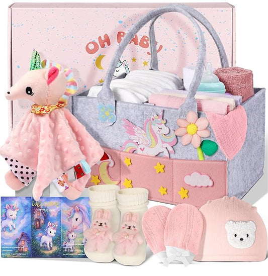 Coralogo Baby Shower Gift Basket - Baby Gift Set with Practical Diaper Caddy, Gifts for New Mom, Gender Reveal Gifts, New Born Essential Include Security Blanket Hat Bib Socks Mittens, Girl
