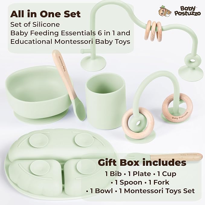 Set of Silicone Baby Feeding Essentials 6 in 1 and Educational Montessori Baby Toys, highchair Toys Suction for Infant Toddlers (Olive)