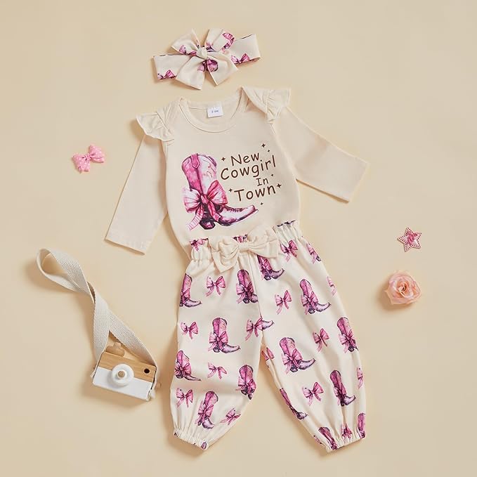 Fernvia Western Newborn Baby Girl Clothes Long Sleeve Letter Print Romper Animal Print Pants Headband 3Pcs Outfits Sets