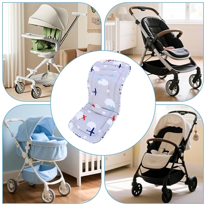 Baby Stroller Cushion,Infant Car Seat Insert-Reversible Universal Breathable and Soft Newborn Stroller Mat,100% Cotton Cover Toddler Seat Pad Liner-34x78cm,1 Pack(Gray Plane+Blue Stripes)