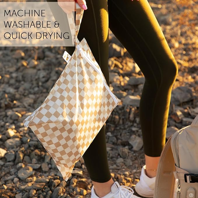 Roamio Waterproof Wet Bag for Baby, Travel, Swim Suit, Cloth Diaper, Pump Parts, Pool, Gym Clothes, Beach, Toiletry, Hook to Stroller, Daycare, Zipper Reusable Bag, Wetdry Packing Pouch, Beige Check