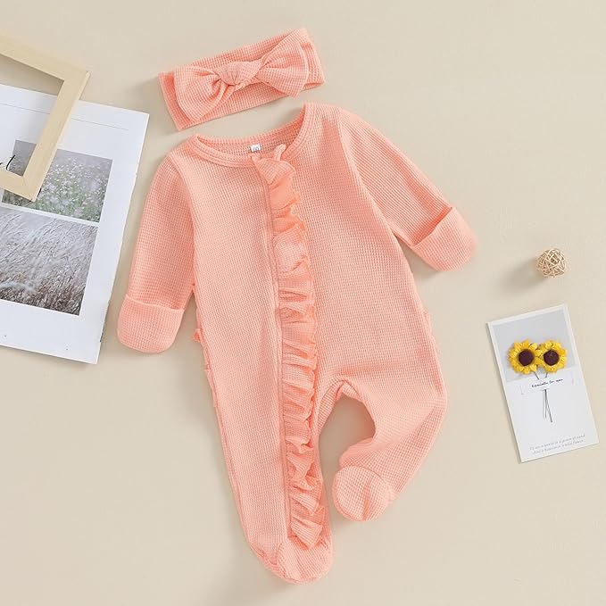 Fanvereka Newborn Infant Baby Girl Fall Outfit Romper 3 6 12 Months Girls Long Sleeve Full Length Zipper Footie Headband