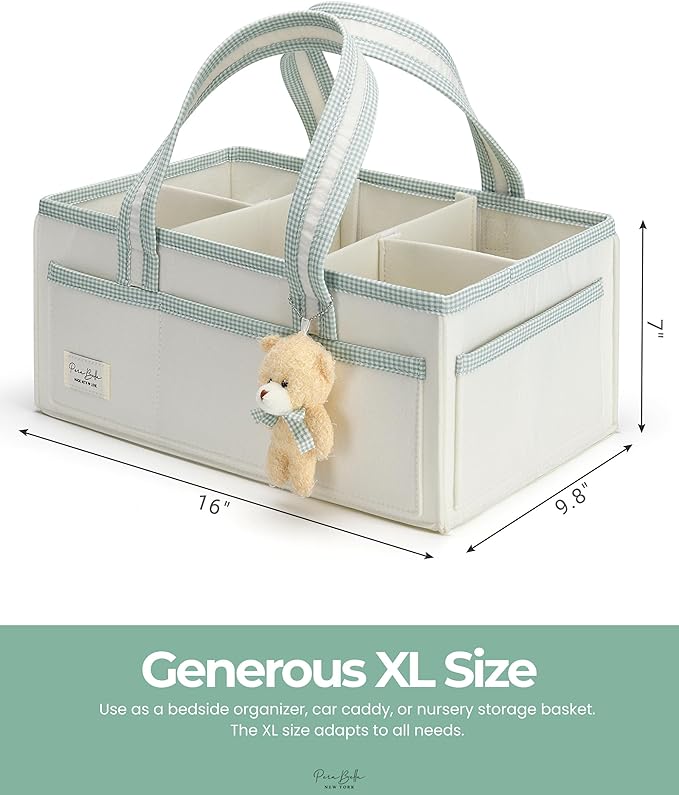 PeraBella XL Diaper Caddy Organizer With Handle, Baby Shower Gifts Basket Bag, Registry Search Must Haves Items, Newborn Girl Boy Nursery Storage Organizer, Baby Bag Essentials, Car Diaper Caddy Cart