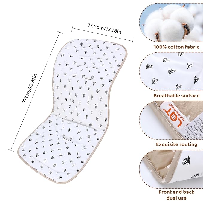 Baby Stroller Cushion,Infant Car Seat Insert-Reversible Universal Breathable and Soft Newborn Stroller Mat,100% Cotton Cover Toddler Seat Pad Liner-34x78cm,1 Pack(Black Heart+Khaki)
