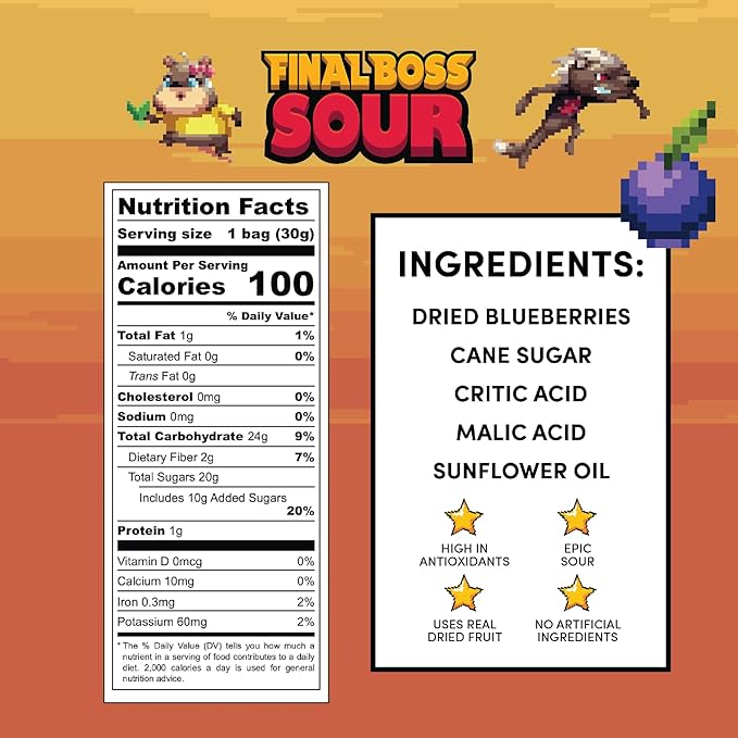 Final Boss Sour Candy, Sour Blueberries, 10 Pack, Level 2, Fruit Chews with Real Dried Fruit, No Artificial Colors or Flavors, Low Calorie Snack for Kids, Teens, Adults, Lunch Boxes & On The Go