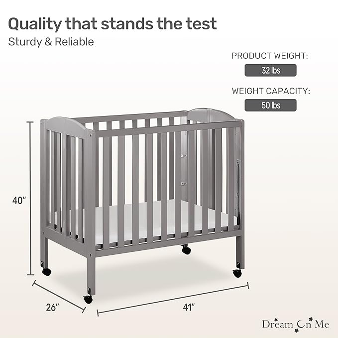 Dream On Me 3 in 1 Portable Folding Stationary Side Crib in Steel Grey, Greenguard Gold Certified, Safety Wheels with Locking Casters, Convertible, 3 Mattress Heights
