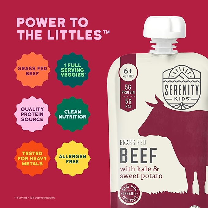 Serenity Kids 6+ Months Baby Food Pouches - Grass Fed Beef Puree with Organic Kale & Sweet Potato - BPA-Free Baby Snacks - 3.5 Oz, 6 Pack