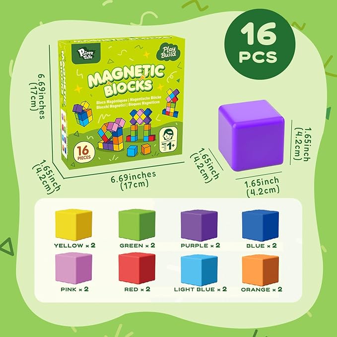 Magnetic Blocks, Large Magnetic Building Blocks for Toddlers, 1.65 Inch 3D Magnet Cubes in 8 Colors, Montessori & Sensory Stacking Toy Gift for Kids Ages 1-3 (16PCS)
