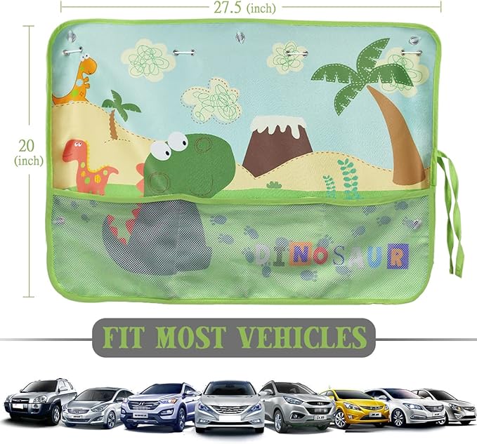 Car Window Shade for Baby, 2 Pack Car Sun Shades with Storage Pockets Car Window Curtain 7 Suction Cups Dinosaurs Pattern for Sun/Heat/UV Rays Protection