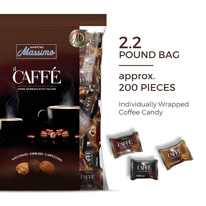 Maestro Massimo Center Filled Hard Pocket Coffee Candy, 3mg Caffeine per Candy, Individually Wrapped, Macchiato, Espresso, Cappuccino Flavored, 2.2 Pound Bulk Bag - Pack of 1