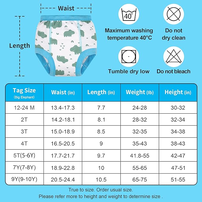 BIG ELEPHANT 6-Pack Potty Training Pants – 100% Cotton Absorbent Toddler Underwear for Boys and Girls (12M-10Y)