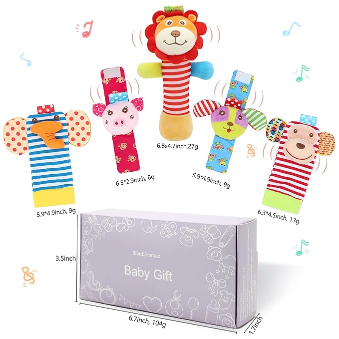 BLOOBLOOMAX Wrist Rattles Foot Finder Rattle Toy for 0-4 Months Baby, Feet Leg Ankle Socks Arm Hand Bracelet Shaker for 4-8 Months Infant boy & Girl, Gift Set for 0-1 Years Newborn Babies (5 pcs-B)