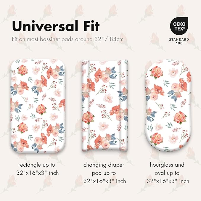 Gllquen Baby Bassinet Sheets 4 Pack, Breathable Cozy Fitted Mattress Sheet, Elastic Travel Crib Fashionable Floral Pattern, Standard Cradle Safe Sheets for Baby Boys Girls 32"x16" (Flower)