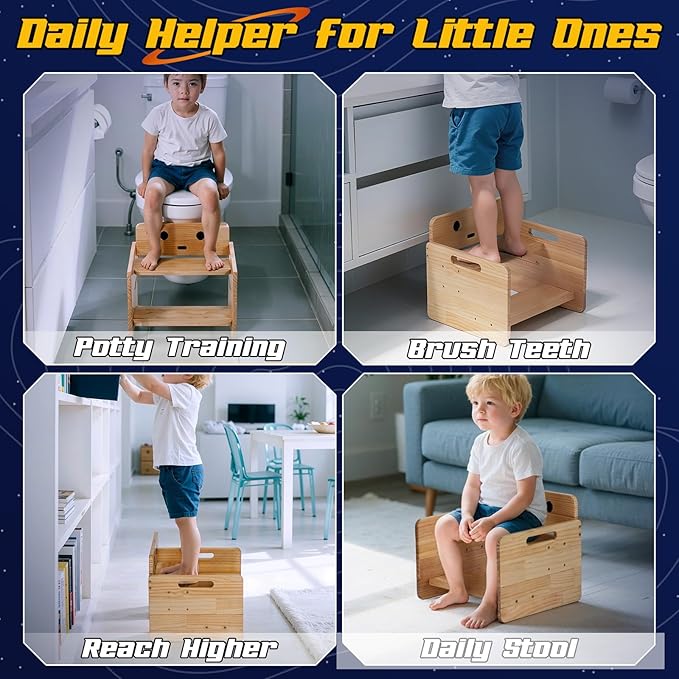 COSYLAND Robot Shaped Kids Step Stool with Handle - Height Adjustable 2 Step Stool for Toddlers - Stable Wooden Nursery Step Stool for Toilet Potty Training, Bathroom, Kitchen (Natural)