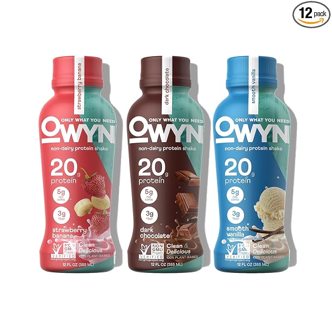 OWYN Only What You Need Protein Shake, 20g Vegan Protein, Ready to Drink, Dairy Free, Great Taste, 4g Sugar, 5g Net Carbs, Strawberry Banana Variety Pack, 12 Fl Oz (12 Pack)