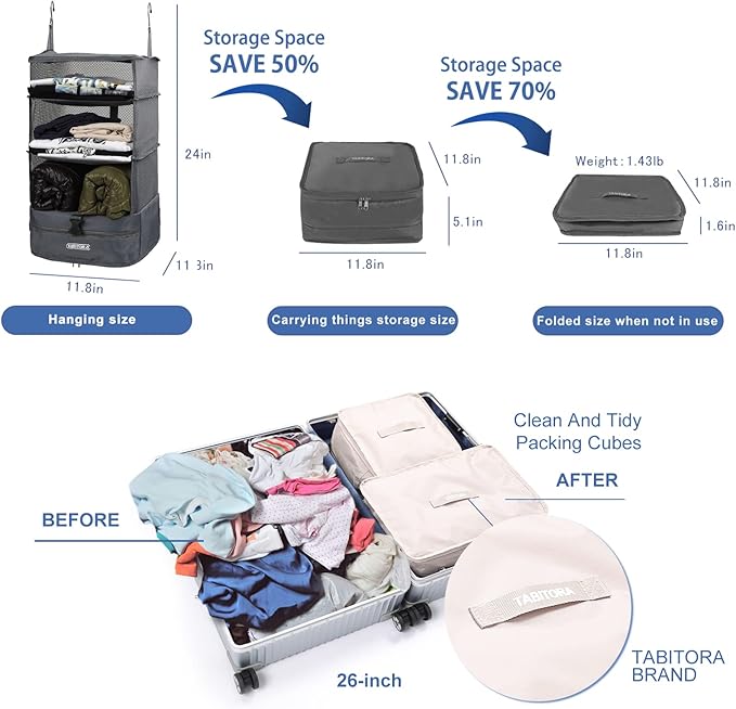 TABITORA Portable Hanging Travel Shelves Bag Packing Cube Organizer Suitcase Storage Large Capacity