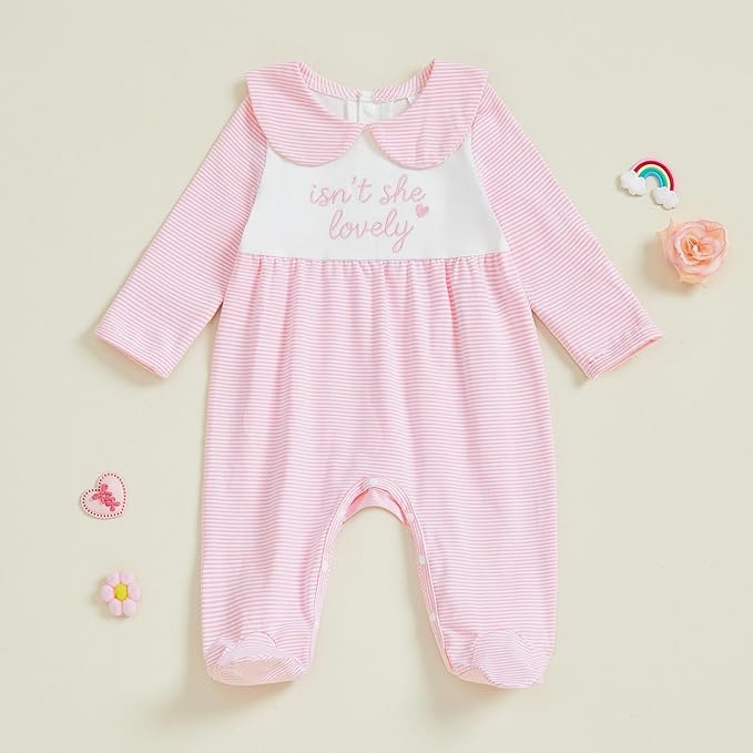 Newborn Baby Girl Footed Romper Onesie Little Sister Embroidery Fall Clothes Coming Home Outfit Vintage Jumpsuit