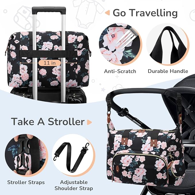 Diaper Bag Tote, Baby Bag Travel Diaper Tote Bag with Pacifier Case, Cute Maternity Hospital Baby Stylish Diaper Tote for Mom Dad Black Pink Floral