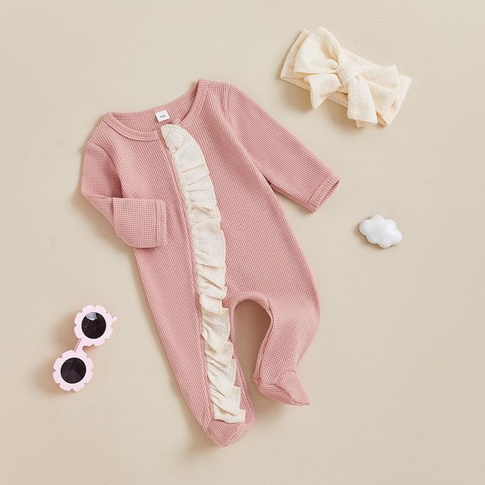 Newborn Girl Clothes Baby Girl Coming Home Outfit Zipper One-piece Outfits Ruffle Footie Bodysuit Jumpsuit Headband