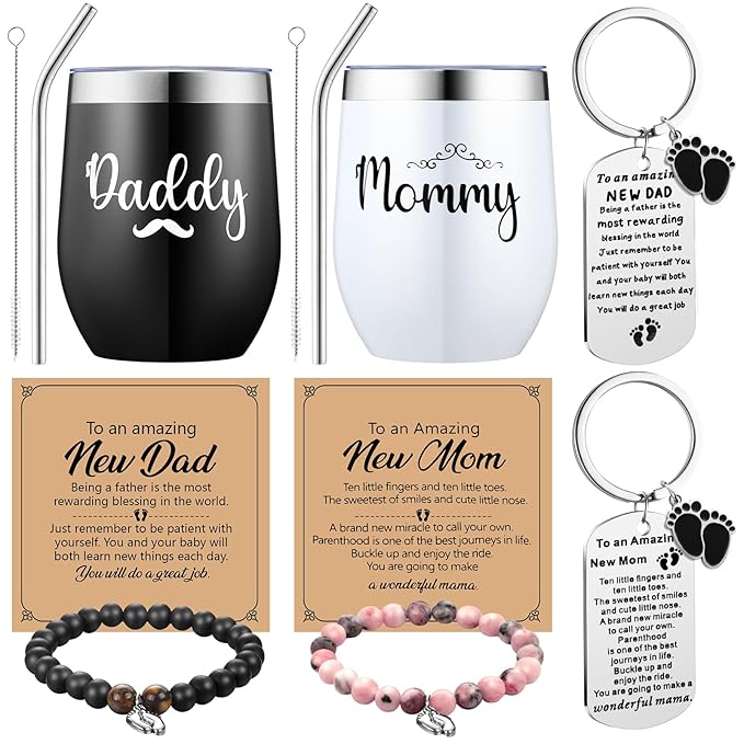 Mifoci Pregnancy Gifts for New Parents Include Mommy and Daddy Tumbler Set Keychains Bead Bracelets New Parents Gender Reveal Gifts for First Time Moms Dad to Be Mothers Fathers Day Baby Shower