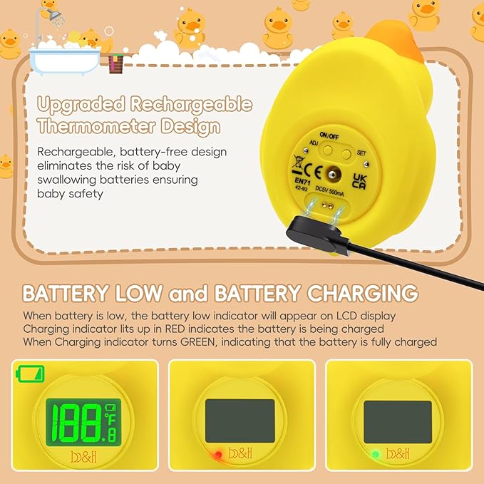 b&h Rechargeable Baby Bath Thermometer, Digital Floating Shower Thermometer for Infant Bathtub and Room, Upgraded Turn Off Function, Fast Temperature Reading, Safety Newborn Bath Time Toy (Baby Duck)