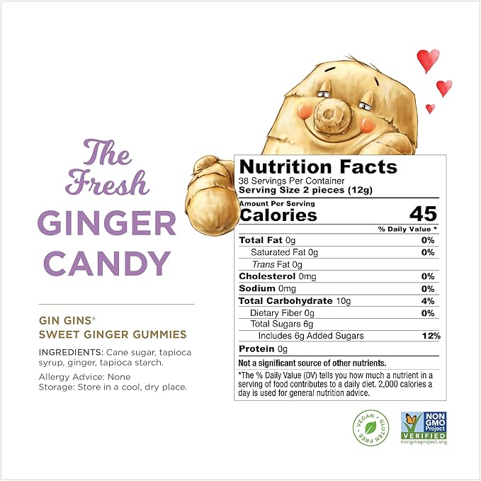 GIN GINS Sweet Ginger Gummies – Natural Fresh Ginger Candy by The Ginger People – Sweet Ginger Gummies Flavor – Large 1 lb Bag (16oz) – Pack of 1