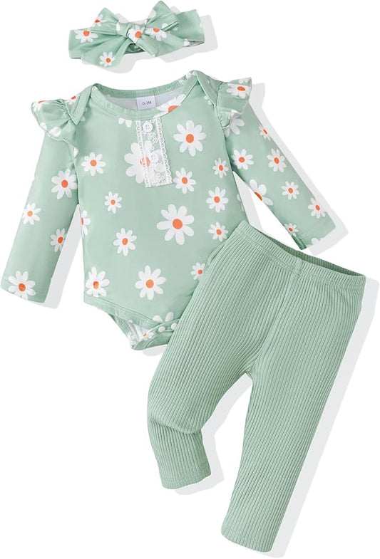 Renotemy Newborn Baby Girl Clothes Outfits Infant Romper Ruffle Floral Pants Cute Toddler Baby Girl Clothes Set