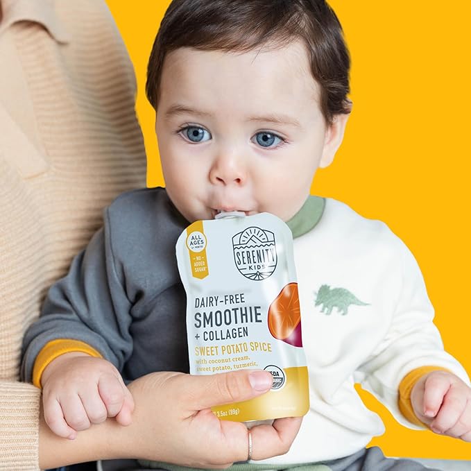 Serenity Kids 6+ Months Dairy-Free Organic Baby Food Smoothie Pouch - BPA-Free & Grass-Fed Collagen Protein Smoothie - 3.5 Oz, 12 Pack