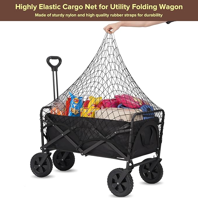 Kaskawise Cargo Net for Collapsible Foldable Wagon, Beach Cart, Garden Cart - Elastic Heavy Duty Nylon Cover With 6 Hooks - Outdoor Accessories (43.3"27.6", Black)