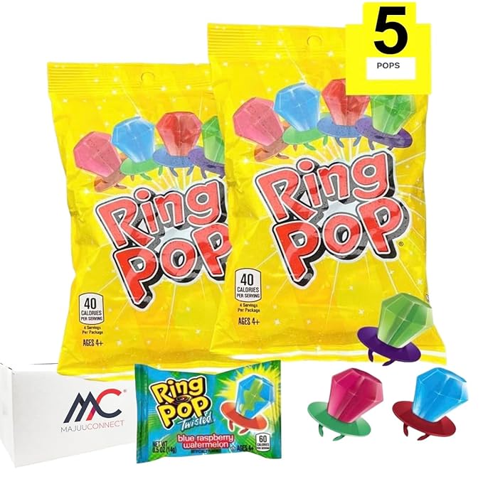 Ring Pop (2 pack) 10 Pops Total |Individually Wrapped Lollipop Suckers w/Assorted Fruity Flavors - Fun Candy for |Easter basket fillers| Party Favors, Birthday, Halloween ,Any Occasion |Bonus MAJUU