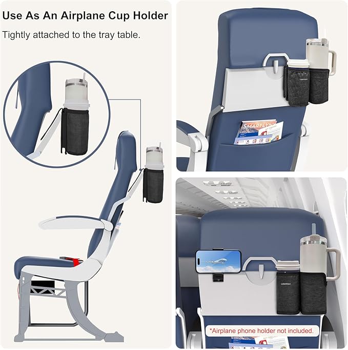 2 in 1 Luggage Cup Holder for Suitcase|Airplane Tray Table Carry on Hands Free Drink Carrier for Stanley Tumblers Coffee Beverage Organizer Gifts for Travelers (Black)