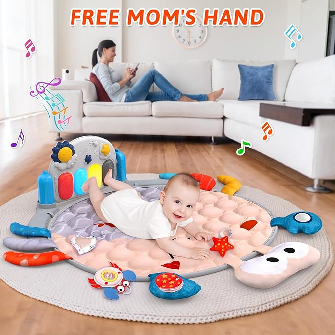 Baby Play Mat Baby Toys Tummy Time Mat for Newborn Infant Toy Piano Music & Light with 5 Toy Musical Activity Center Baby Boy Girl Gifts Toys for Baby Toys 3 6 9 12 Months, Crab Theme