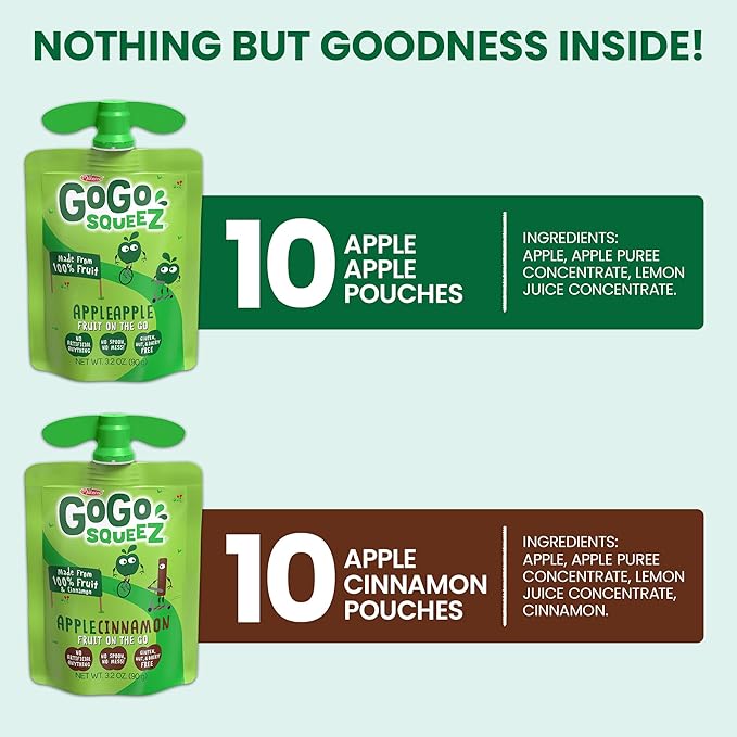 GoGo squeeZ Applesauce and Fruit Puree Variety Pack, Apple & Cinnamon, 3.2 oz (Pack of 20), Unsweetened Fruit Snacks for Kids, Gluten Free, Nut Free and Dairy Free, BPA Free Pouches