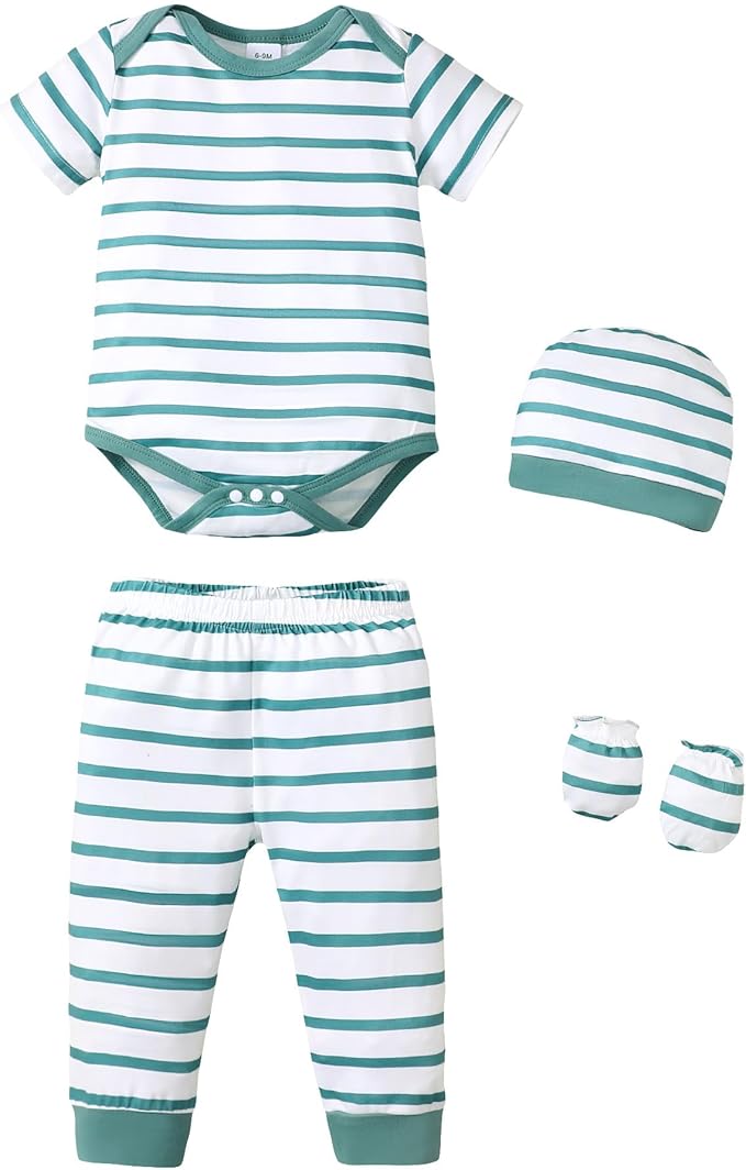 NZRVAWS Newborn Baby Boy Girl Clothes Unisex Infant Romper Pants Set Hat 4-Pack Outfits 0-12 Months 16 Pieces Toddler