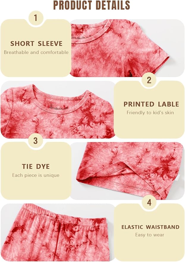 Jimonda Baby/Toddler Soft Sleepwear Short sleeve Kids Cool Pajama Outdoor 2-Piece Shirt&Shorts Casual sets Tie Dye PJ